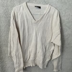 Vintage Sweater Large Off White 3D Knit Pullover V Neck 100% Cotton USA Chunky